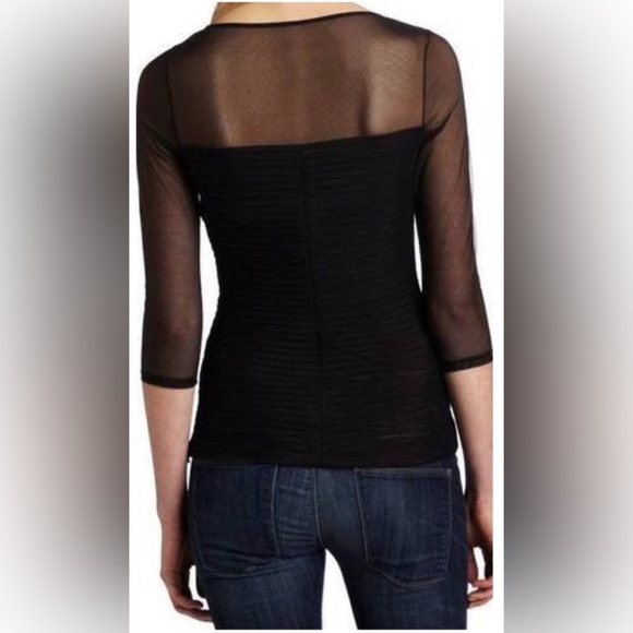 BCBGMaxAzria 3/4 Sleeve Black Mesh Amora Illusion Structured Pleated Top - Picture 3 of 6